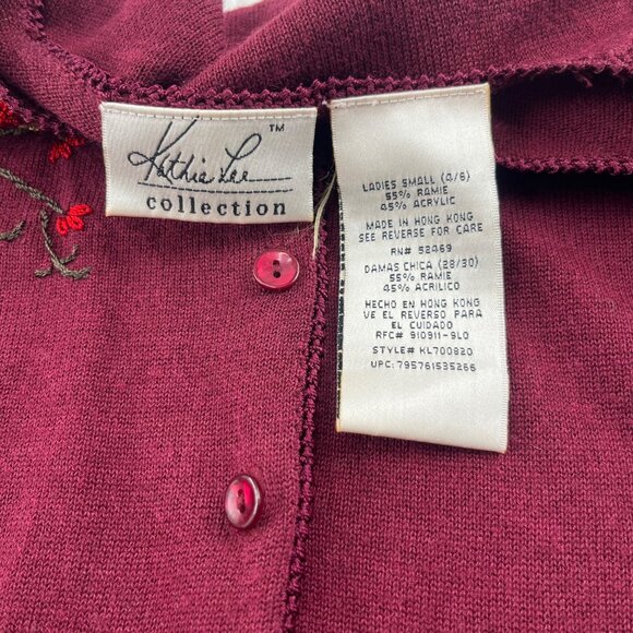 Kathy Lee Collection Women's Burgundy Embroidered Cardigan Sz Small Short Sleeve - Picture 4 of 5